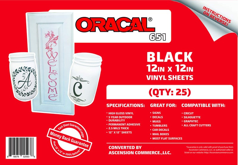 ORACAL (50) 12" x 12" Sheets - Oracal 651 Black Adhesive Craft Vinyl for Cricut, Silhouette, Cameo, Craft Cutters, Printers, and Decals - Gloss Finish - Outdoor and Permanent - Image 2